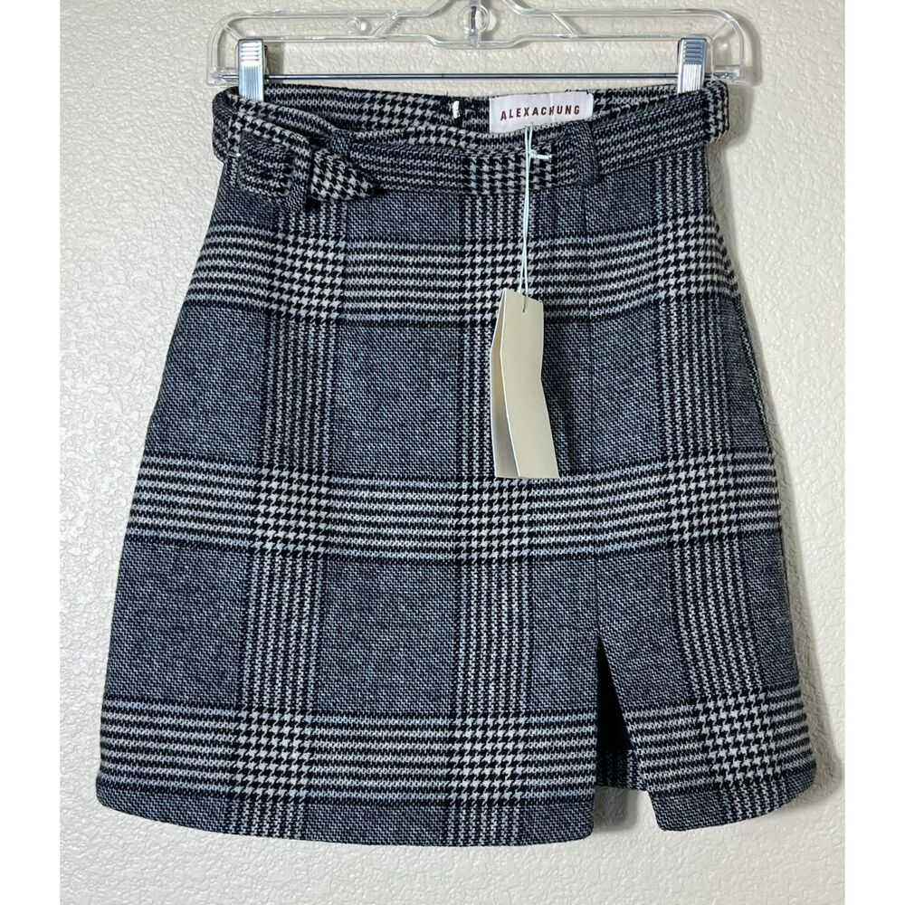 NWT Alexa Chung Split Mini Skirt Black White Checkered Brushed Wool US2 EU6